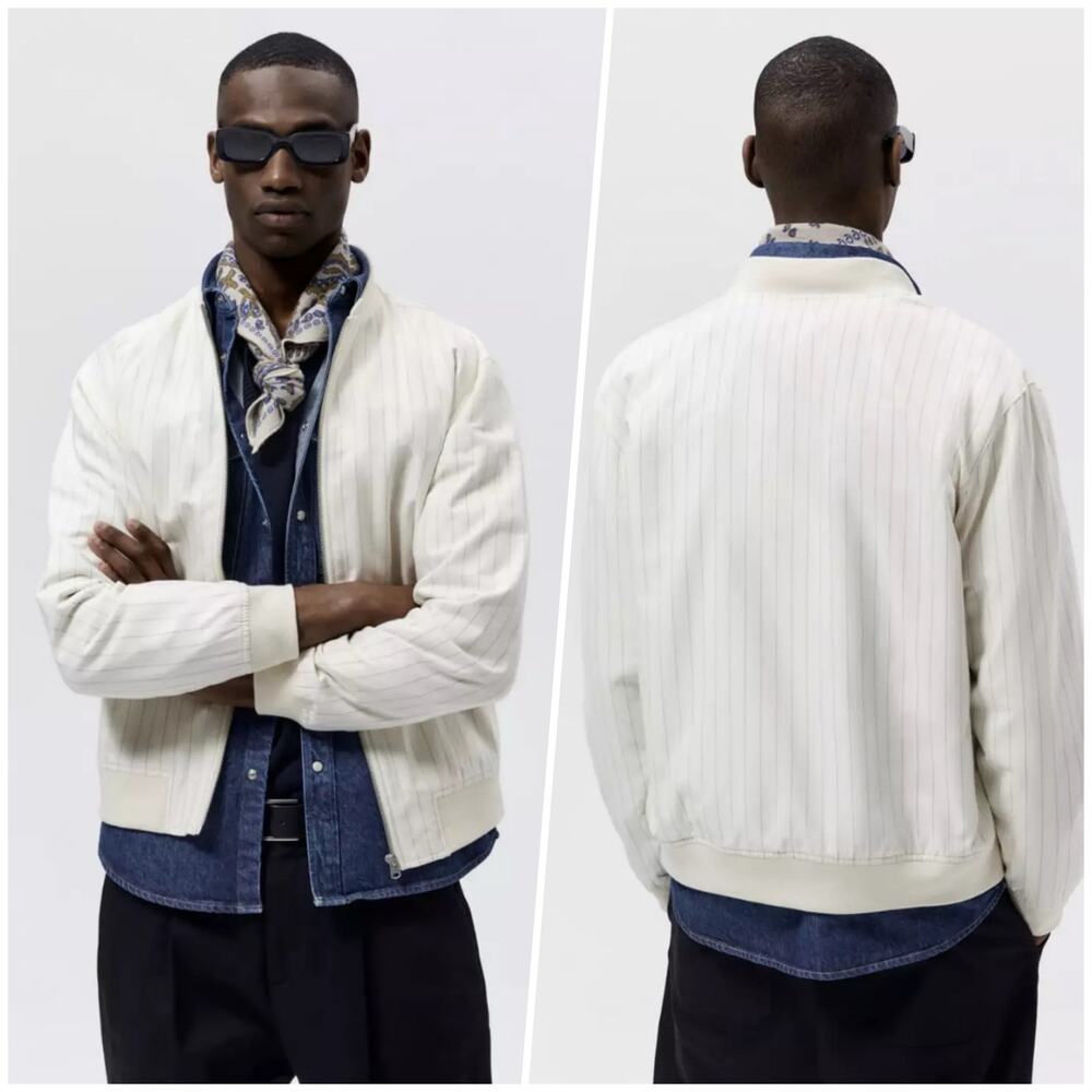 Zara | Men | Pinstripe Cream White Cotton Full Zip Light Bomber Jacket | Medium - Picture 15 of 15